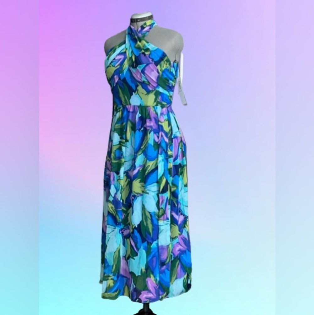 NWT, London Times floral print cross-cross neckline summer dress, Sz 8 Petite